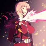  1boy 1girl beam belt between_breasts braid coat embers expressionless eye_beam fate/grand_order fate_(series) florence_nightingale_(fate/grand_order) gloves karna_(fate) miniboy pink_hair red_coat twitter_username white_gloves white_hair 