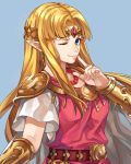  blonde_hair blue_eyes dress earrings highres jewelry kamu_(kamuuei) looking_at_viewer one_eye_closed pink_shirt pointy_ears princess_zelda shirt simple_background smile super_smash_bros. the_legend_of_zelda the_legend_of_zelda:_a_link_between_worlds tiara 