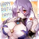  ;) ancient_killers_(phantom_of_the_kill) breasts character_name cleavage cleavage_cutout collar company_name dated eyebrows_visible_through_hair food freischutz_(phantom_of_the_kill) fruit gloves happy_birthday heart highres huge_breasts icing looking_at_viewer official_art one_eye_closed phantom_of_the_kill purple_hair red_eyes sleeve_cuffs smile strawberry underboob_cutout 
