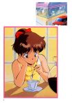  1girl 80s absurdres arm_support black_eyes brown_hair coffee coffee_mug counter cream_lemon cup hair_ribbon hand_on_own_cheek high_ponytail highres holding holding_spoon long_hair mug official_art oldschool page_number restaurant ribbon scan sleeveless solo spoon teacup 
