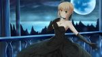  1girl ahoge artoria_pendragon_(all) bangs black_dress black_flower black_gloves black_ribbon blonde_hair blunt_bangs breasts choker cleavage collarbone dress elbow_gloves eyebrows_visible_through_hair fate/stay_night fate_(series) flower full_moon gloves green_eyes hair_between_eyes hair_ribbon highres long_dress medium_breasts moon night outdoors outstretched_arm ribbon saber short_hair sidelocks sky sleeveless sleeveless_dress solo standing star_(sky) starry_sky strapless strapless_dress yoruka_kii 