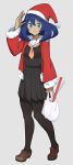  1girl bag black_legwear blue_eyes blue_hair blush christmas coat dark_skin full_body hat highres long_sleeves memodraws open_clothes plastic_bag pleated_skirt pokemon pokemon_(game) pokemon_sm pokemon_xy sailor_collar santa_hat school_uniform serafuku short_hair sina_(pokemon) skirt smile 