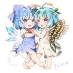  2girls :d barefoot blue_bow blue_dress blue_hair blush bow butterfly_wings caramell0501 cirno dress eternity_larva eyebrows_visible_through_hair full_body hair_bow ice ice_wings looking_at_viewer multiple_girls open_mouth red_eyes short_hair simple_background smile touhou white_background white_dress wings 
