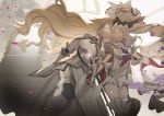  2girls armor bangs bare_shoulders boots closed_eyes dress facing_another fate/grand_order fate_(series) flag flower gauntlets gleam hair_flower hair_ornament hand_holding headpiece jeanne_d&#039;arc_(fate) jeanne_d&#039;arc_(fate)_(all) large_hat long_hair marie_antoinette_(fate/grand_order) multiple_girls no-kan pink_flower pink_rose rose smile sword thigh-highs thigh_boots twintails very_long_hair weapon white_dress yuri 