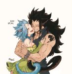  1boy 1girl animal_ears black_hair blue_hair bracelet breasts brown_nails cat_day cat_ears cat_tail choker closed_eyes couple detached_sleeves dress ear_piercing fairy_tail gajeel_redfox green_dress grin hug jewelry levy_mcgarden long_hair medium_breasts nail_polish nose_piercing open_mouth piercing rusky scar short_dress sideboob signature simple_background sleeveless sleeveless_dress smile standing strapless strapless_dress tail tattoo very_long_hair white_background 