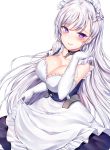  1girl absurdres apron azur_lane bangs belfast_(azur_lane) blush bow bow_panties braid breasts chains cleavage collar collarbone dress dress_tug elbow_gloves eyebrows_visible_through_hair french_braid frilled_gloves frills garter_straps gloves hand_up highres large_breasts long_hair looking_at_viewer maid maid_headdress painteen panties parted_lips sidelocks silver_hair simple_background skindentation skirt skirt_lift smile solo standing underwear violet_eyes white_background white_gloves 