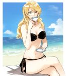  1girl bangs beach bikini black_bikini breasts closed_mouth clouds cloudy_sky commentary cup darjeeling day drinking girls_und_panzer hair_down holding holding_cup holding_saucer legs_crossed long_hair looking_at_viewer medium_breasts o-ring_bikini ocean outdoors outside_border saucer side-tie_bikini sitting sky smile solo strapless strapless_bikini swept_bangs swimsuit teacup yuuyu_(777) 