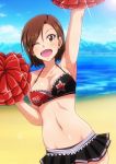  1girl ;d arm_up armpits bangs bare_shoulders beach bikini_top black_skirt blush breasts brown_eyes brown_hair cheerleader cleavage clothes_writing collarbone day earrings eyebrows_visible_through_hair frilled_bikini_top halter_top halterneck idolmaster idolmaster_cinderella_girls jewelry large_breasts looking_at_viewer microskirt mizuki_seira navel ocean one_eye_closed open_mouth outdoors pleated_skirt pom_poms short_hair skirt smile solo sparkle stomach swept_bangs tanuki_(metaltanuki) 
