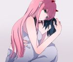  1boy 1girl bangs black_hair breasts closed_eyes commentary_request couple darling_in_the_franxx dress eyebrows_visible_through_hair green_eyes grey_dress grey_shirt hand_on_another&#039;s_back hand_on_another&#039;s_head hetero hiro_(darling_in_the_franxx) horns hug long_hair lvl_lul medium_breasts oni_horns pink_hair red_horns shirt short_hair sleeveless sleeveless_dress zero_two_(darling_in_the_franxx) 