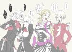  1boy 3girls antonio_salieri_(fate/grand_order) black_coat black_dress black_shorts black_suit blonde_hair blue_eyes breasts charles_henri_sanson_(fate/grand_order) cleavage closed_eyes cravat cropped_legs curly_hair dagger detached_collar dress elbow_gloves fate/grand_order fate_(series) formal genderswap genderswap_(ftm) genderswap_(mtf) gloves grey_background hair_between_eyes hair_pulled_back high_collar jacket large_breasts long_hair long_sleeves marie_antoinette_(fate/grand_order) medium_breasts mocollie multiple_girls pinstripe_suit purple_sash purple_scarf red_eyes red_jacket red_scarf scarf shirt short_hair short_ponytail short_shorts shorts side_slit sidelocks simple_background skirt skirt_suit smile striped suit sweatdrop translation_request upper_body very_long_hair waist_sash weapon white_gloves white_hair white_shirt wolfgang_amadeus_mozart_(fate/grand_order) 