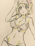 1girl bikini blush breasts cleavage contrapposto earrings flower goggles goggles_on_head graphite_(medium) groin hair_flower hair_ornament highres jewelry kotokoto_(jumon) love_live! love_live!_sunshine!! medium_breasts navel paper_texture sketch solo swimsuit traditional_media watanabe_you