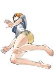  1girl all_fours barefoot easy_(aqk7bdqt) from_below full_body nami_(one_piece) one_piece orange_hair short_sleeves simple_background solo white_background 