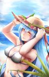  1girl absurdres alternate_costume armpits bangle bangs bare_arms bare_shoulders beach bikini blue_hair blue_sky blush bracelet breasts cleavage closed_mouth clouds day flower girls_frontline hair_between_eyes hand_on_headwear hat head_tilt highres jewelry kb-5 large_breasts leaf long_hair looking_at_viewer navel outdoors rose sand signature sky smile solo stomach sun_hat swimsuit tar-21_(girls_frontline) upper_body very_long_hair water_drop waves wet yellow_eyes 