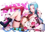  1girl :p bare_shoulders belt bibico-atelier blue_hair boots bra breasts bullet forehead full_body gloves jinx_(league_of_legends) league_of_legends long_hair looking_at_viewer lying mismatched_footwear mismatched_legwear navel on_back pink_eyes pointing pointing_at_self short_shorts shorts small_breasts tongue tongue_out underwear 