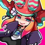  1girl blue_eyes closed_mouth eyelashes eyeshadow facial_mark half-closed_eyes jewelry lips long_hair long_sleeves looking_at_viewer lowres makeup miura_(splatoon) necklace no_nose orange_hair outline red_lips sgawarananto sleeves_past_fingers smile solo splatoon splatoon_2 white_outline 