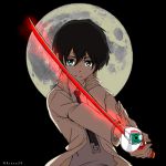  1boy bangs black_hair blue_eyes collared_shirt commentary_request darling_in_the_franxx grey_shirt hiro_(darling_in_the_franxx) holding holding_sword holding_weapon jacket kiasa20 looking_at_viewer male_focus moon necktie objectification open_clothes open_jacket parody shirt short_hair signature solo soul_eater sword weapon white_jacket white_neckwear wing_collar zero_two_(darling_in_the_franxx) 