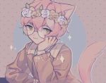  animal_ears ferocious-bite flower glasses hair_ornament head_wreath long_sleeves multicolored_hair original pink_hair sailor_collar short_hair tail trap upper_body yellow_eyes 