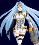  1girl android animal_ears bare_shoulders blue_hair breasts closed_mouth commentary_request cyborg elbow_gloves expressionless forehead_protector gloves highleg kos-mos leotard long_hair solo standing thigh-highs very_long_hair xenosaga 