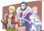  3boys asymmetrical_sleeves beard black_hair blonde_hair chest_hair commentary_request crossed_arms facial_hair father&#039;s_day ghira_belladonna iesupa jacques_schnee multiple_boys mustache rwby stubble taiyang_xiao_long white_hair 