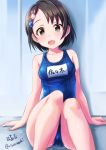  1girl blue_swimsuit breasts brown_eyes brown_hair bunny_hair_ornament hair_ornament hairclip haruhina0104 idolmaster idolmaster_cinderella_girls idolmaster_cinderella_girls_starlight_stage looking_at_viewer name_tag one-piece_swimsuit open_mouth sasaki_chie school_swimsuit short_hair sitting small_breasts smile solo swimsuit twitter_username 