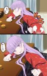  1girl 2koma :d bangs blunt_bangs blush comic commentary_request eyebrows_visible_through_hair food from_side fruit highres indoors japanese_clothes kotatsu long_hair long_sleeves mandarin_orange new_game! open_mouth pink_x purple_hair sitting smile suzukaze_aoba table translation_request violet_eyes wide_sleeves 