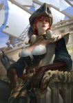  1girl bangs belt bird blurry blurry_background breasts character_request choker closed_mouth clouds collarbone commentary gloves hair_between_eyes hat highres league_of_legends lejia_chan long_hair long_sleeves looking_at_viewer pirate_costume pirate_hat redhead sails ship shoulder_pads sky solo watercraft 