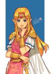  blonde_hair blue_eyes dress earrings jewelry looking_at_viewer mella one_eye_closed pink_shirt pointy_ears princess_zelda shirt simple_background smile smirk super_smash_bros. the_legend_of_zelda the_legend_of_zelda:_a_link_between_worlds tiara 