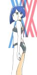  1girl arms_at_sides black_bra black_panties blue_hair bra breasts darling_in_the_franxx from_side green_eyes hair_ornament hairclip highres ichigo_(darling_in_the_franxx) looking_at_viewer looking_to_the_side panties pink_x short_hair small_breasts solo sweatdrop underwear 