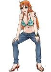  1girl abs bikini_top breasts brown_eyes cleavage denim easy_(aqk7bdqt) full_body green_bikini_top hands_on_own_knees high_heels jeans large_breasts log_pose long_hair nami_(one_piece) navel one_piece orange_hair pants sandals simple_background squatting tattoo white_background 