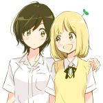  2girls :d asagao_to_kase-san bangs blonde_hair blunt_bangs blush_stickers bob_cut brown_hair kase_tomoka multiple_girls nervous official_art open_mouth plant_on_head school_uniform short_hair smile sweater_vest takashima_hiromi upper_body white_background yamada_yui yellow_eyes yuri 