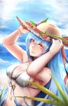  1girl absurdres alternate_costume armpits bangle bangs bare_arms bare_shoulders beach bikini blue_hair blue_sky blush bracelet breasts cleavage closed_mouth clouds day flower front-tie_top girls_frontline hair_between_eyes hand_on_headwear hat head_tilt highres jewelry kb-5 large_breasts leaf long_hair looking_at_viewer navel outdoors rose sand see-through signature sky smile solo stomach sun_hat swimsuit tar-21_(girls_frontline) upper_body very_long_hair water_drop waves wet yellow_eyes 