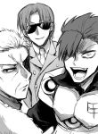  3boys fate_(series) formal greyscale hair_over_one_eye koha-ace li_shuwen_(lancer)_(fate) looking_at_viewer looking_back male_focus maxwell&#039;s_demon_(fate) monochrome mori_nagayoshi_(fate) multiple_boys open_mouth piroya_(shabushabu) smile spiky_hair suit sunglasses upper_body wrinkles 