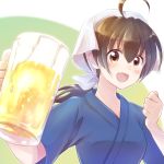  1girl ahoge beer_mug blush brown_eyes brown_hair character_request clenched_hand cup hand_up highres holding holding_cup isekai_izakaya_&quot;nobu&quot; looking_at_viewer medium_hair nyaa_(nnekoron) ponytail simple_background solo upper_body waitress 