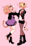  2girls ? animal_ears big_hair black_choker black_footwear black_jacket black_shorts blonde_hair blush boots brown_legwear cheety_(show_by_rock!!) chino_machiko choker closed_mouth dress eye_contact fingerless_gloves from_side gloves hand_holding heart high_heel_boots high_heels jacket jewelry laina_(show_by_rock!!) light_brown_hair long_sleeves looking_at_another multiple_girls necklace pantyhose pink_background profile purple_dress shirt short_dress short_hair short_shorts shorts show_by_rock!! smile standing standing_on_one_leg tail white_shirt yuri 