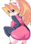  1girl :o ass bangs black_legwear blonde_hair blue_eyes blush bodystocking breasts capcom ciel_(rockman) eyebrows_visible_through_hair female from_behind hair_between_eyes headgear high_heels high_ponytail large_breasts leaning_forward long_hair looking_at_viewer looking_back pantyhose ponytail rockman rockman_zero semikichi shoes simple_background solo squatting white_background 
