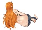  1girl ass barefoot butt_crack denim easy_(aqk7bdqt) error from_behind full_body green_bikini_top jeans long_hair nami_(one_piece) one_piece orange_hair pants simple_background solo tattoo white_background 