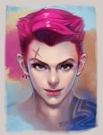  1girl artist_name blue_eyes closed_mouth eyelashes face jewelry lips looking_at_viewer nose overwatch peter_xiao pink_hair portrait realistic scar short_hair single_earring solo tattoo undercut upper_body zarya_(overwatch) 