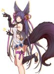  1girl :d animal_ears armlet ass backless_outfit bangs bare_shoulders bell black_footwear black_gloves black_hair blunt_bangs blush breasts commentary_request dress elbow_gloves erune eyebrows_visible_through_hair fox_ears fox_shadow_puppet fox_tail from_side full_body fur fur-trimmed_gloves fur_trim gloves granblue_fantasy grin hair_bell hair_ornament halterneck highres jingle_bell leg_ribbon leg_up long_hair looking_at_viewer medium_breasts microdress one_leg_raised open_mouth purple_ribbon red_eyes ribbon saboten simple_background smile solo standing standing_on_one_leg tail teeth toeless_legwear white_background white_dress yuel_(granblue_fantasy) 