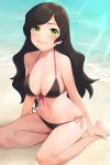  1girl bangs barefoot beach bikini black_bikini black_hair blush breasts closed_mouth danball_senki_wars day eyebrows_visible_through_hair front-tie_bikini front-tie_top green_eyes highres large_breasts long_hair looking_at_viewer navel ocean onao side-tie_bikini sitting smile solo swept_bangs swimsuit 