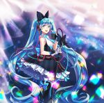  1girl :d absurdly_long_hair black_bow black_footwear black_skirt blue_bow blue_eyes blue_hair blue_ribbon boots bow eyebrows_visible_through_hair floating_hair from_side gloves grey_gloves hair_between_eyes hair_bow hatsune_miku holding_microphone_stand layered_skirt long_hair magical_mirai_(vocaloid) open_mouth parnasso ribbon shirt signature skirt sleeveless sleeveless_shirt smile solo standing striped thigh-highs thigh_boots twintails vertical-striped_skirt vertical_stripes very_long_hair vocaloid white_legwear white_shirt 