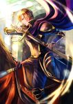  1boy armor blonde_hair brown_eyes cape fire_emblem fire_emblem:_fuuin_no_tsurugi horse male_focus perceval shinrin_kusaba solo sword weapon 