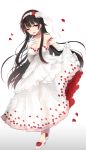  1girl black_hair breasts cleavage dress elbow_gloves eyebrows_visible_through_hair full_body gloves headdress high_heels highres jewelry large_breasts long_hair necklace open_mouth original petals red_eyes solo standing tachi-e tefun_(tehun) wedding_dress yandere 