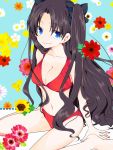  1girl barefoot belly_button bikini black_hair blue_eyes daisy fate/stay_night fate_(series) flower kino_hazuki long_hair looking_at_viewer red_bikini ribbon rose solo sunflower swimsuit tohsaka_rin twintails 