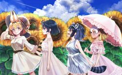  4girls alternate_costume animal_ears bare_arms bare_shoulders belt black_hair blonde_hair blue_dress blush commentary_request common_raccoon_(kemono_friends) dress fennec_(kemono_friends) flower frilled_sleeves frills grey_hair hand_on_headwear hat highres kaban_(kemono_friends) kemono_friends long_sleeves multicolored_hair multiple_girls noah_(noxxxmo) parasol raccoon_ears raccoon_tail serval_(kemono_friends) serval_ears serval_print serval_tail short_hair short_sleeves sleeveless smile strapless sun_hat sundress sunflower tail umbrella waist_bow white_dress 