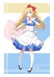  1girl absurdres apron blonde_hair blue_dress blue_eyes bow commentary dress finger_to_mouth hair_bow hairband highres long_hair mary_janes original pantyhose ribbon shoes smile solo white_legwear wrist_cuffs 