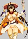  1girl bead_necklace beads bikini breasts cleavage fate/grand_order fate_(series) grin hat holding holding_staff jewelry long_hair looking_at_viewer necklace sami_(object_dump) smile solo staff swimsuit thigh-highs very_long_hair violet_eyes white_legwear xuanzang_(fate/grand_order) 