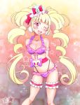  1girl ;d aisaki_emiru alternate_costume arms_behind_back bangs bikini blonde_hair blunt_bangs blush breasts checkered checkered_background cleavage commentary_request cure_macherie eyebrows_visible_through_hair frilled_bikini frills gradient gradient_background hair_ornament highres hugtto!_precure kaatsukun leg_garter long_hair looking_at_viewer magical_girl medium_breasts one_eye_closed open_mouth pink_bikini precure red_eyes smile solo sparkle standing star starry_background swimsuit twintails very_long_hair 