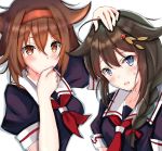  2girls ahoge black_hair blue_eyes blush braid breasts brown_hair eriyama_e eyebrows_visible_through_hair hair_between_eyes hair_flaps hair_ornament hairband hand_on_another&#039;s_head kantai_collection long_hair medium_breasts multiple_girls neckerchief open_mouth ponytail red_eyes school_uniform serafuku shigure_(kantai_collection) shiratsuyu_(kantai_collection) simple_background single_braid sweatdrop white_background 