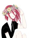  1other androgynous colored_eyelashes eeennnka flower gem_uniform_(houseki_no_kuni) hair_between_eyes head_wreath houseki_no_kuni long_bangs looking_at_viewer necktie red_eyes redhead shinsha_(houseki_no_kuni) short_hair smile solo white_background 