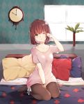  1girl bangs bed bedroom black_legwear blunt_bangs bracelet brown_hair clock grey_eyes head_tilt highres indoors jewelry manatsuki_manata one_eye_closed original pantyhose pillow pink_shirt shirt short_hair short_sleeves solo 